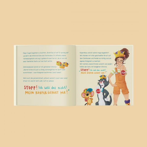 Zu sehen ist eine Doppelseite des Buchs "Mein Körper ist mein Königreich" vor apricotfarbenem Hintergrund mit bunten Illustrationen sowie Fließtext und einzelnen farblich hervorgehobenen Passagen.
